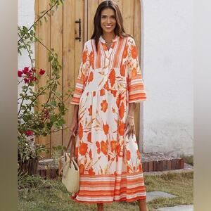 Floral‎ print v neck maxi dress